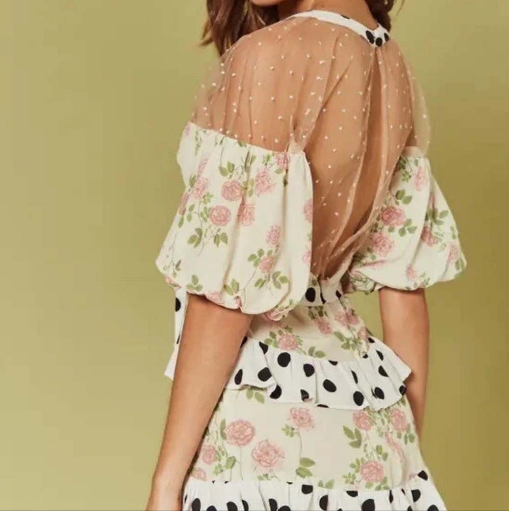 For Love & Lemons Butterscotch Mini Tiered Floral,Polka Dot Ruffle Dress S NWT - Picture 3 of 12